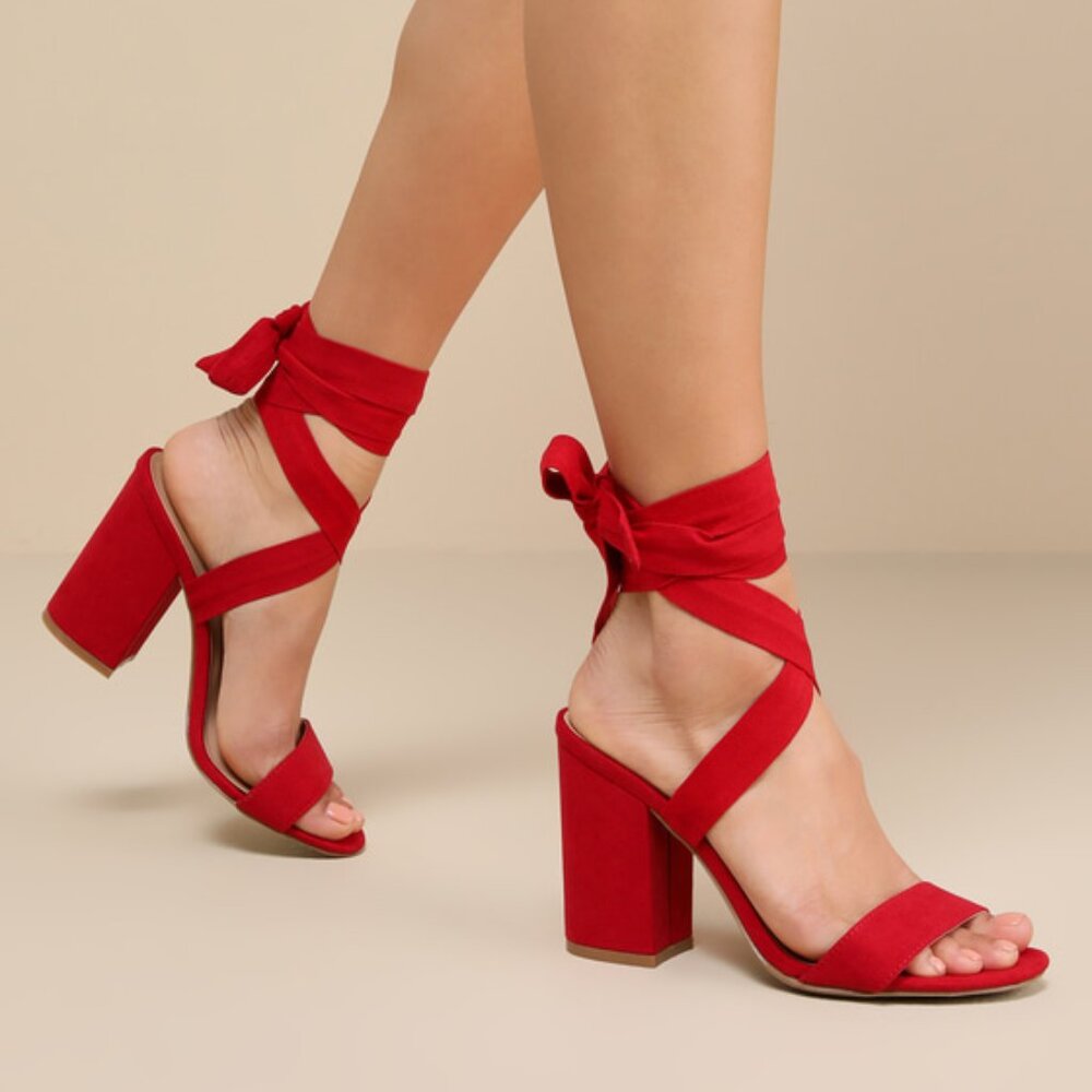 Lulus Alta Dark Red Suede Lace-up Heels - Size 10